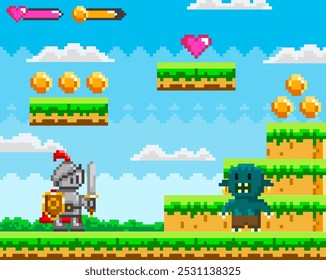 Caballero frente a un monstruo en un paisaje pixelado con plataformas, monedas y un icono de corazón. Video Ideal para juegos, fantasías, aventuras, arte digital, estética retro y fanáticos del pixel art. Vibrante