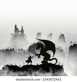 The knight fighting with the dragon inside the fog clouds. There are beautiful hazy mountains with a forest and a castle far beyond. Landscape with unmounted warrior and ancient angry flying lizard.