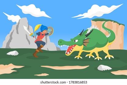 Knight fighting with dragon monster. Vector illustration for role playing game and fairly tale concept for fantasy imagination of children.