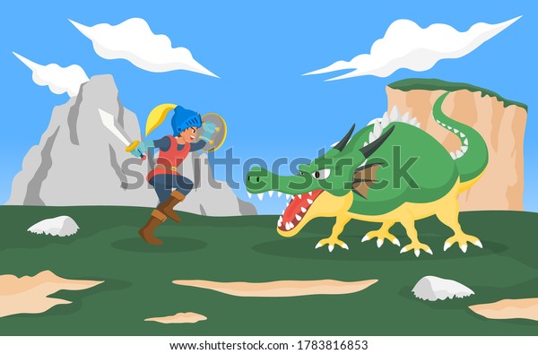 Knight fighting with dragon monster. Vector\
illustration for role playing game and fairly tale concept for\
fantasy imagination of\
children.