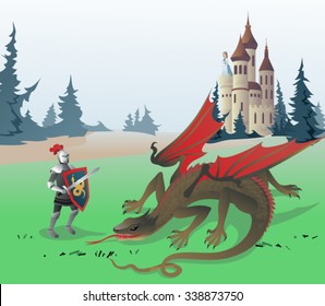 Knight fighting Dragon. The vector illustration of the Medieval Knight fighting Dragon to save the Princess locked in the Castle. Illustration based on Traditional Fairy Tales. No Transparency!