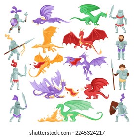 Knight fighting with dragons set. Fantasy fairytale medieval characters cartoon vector