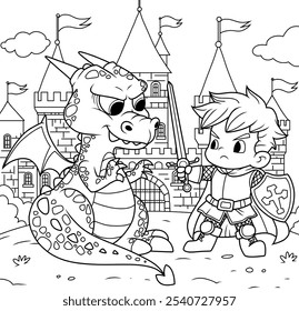 Knight fighting a fire breathing dragon . Vector black and white coloring page