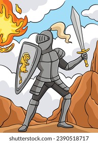 Knight in a Fighting Pose Colored Cartoon 