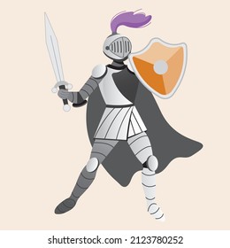 knight in fighting position with sword and shield