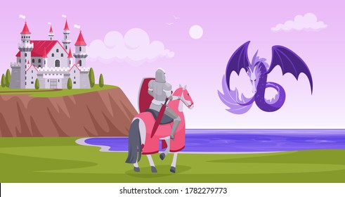 Knight fighting with water dragon vector illustration. Cartoon flat fairytale battle scene between brave prince knight in armor and dragon to save princess from castle, fairy tale story background