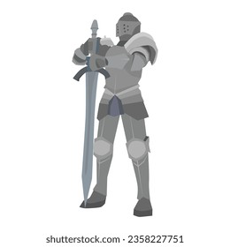 Un caballero con una formidable armadura sosteniendo una gran espada y tomando una postura de batalla. Ilustración vectorial, fondo blanco.
