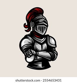 knight full armor logo character isolated colored drawing line art style sketch classic vintage design illustration