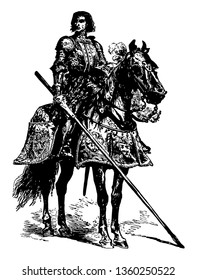 Knight In Full Armor Sitting On A Horse Wearing A Full Suit Of Armor, Vintage Line Drawing Or Engraving Illustration.