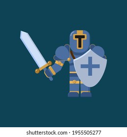 Knight with full armor, sword, and shield ready to fight Character Icon, Logo, and illustration Vector