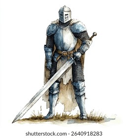 A knight in full plate armor stands holding a greatsword. The armor is detailed with chainmail and a helmet with a visor.
