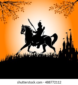 Knight galloping against the backdrop of the castle. Vector illustration