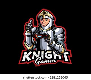 Knight Gamer Mascot Logo Design. Vector illustration of Knight in armor holding joystick, Perfect for brands or products related to the world of gaming