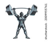 Knight or gladiator bodybuilder man lifting heavy barbell. For print, banner, label or poster. Vector illustration.