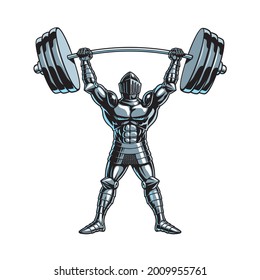 Knight or gladiator bodybuilder man lifting heavy barbell. For print, banner, label or poster. Vector illustration.