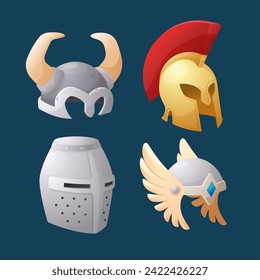 Knight and gladiator helmets game design set, flat vector illustration isolated on background. Game assets and armours kit in shape of medieval helmets.