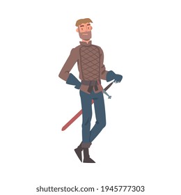 Knight in Gloves Standing with Sharp Sword Vector Illustration
