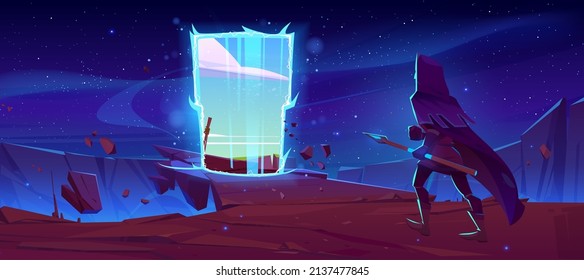 Knight go to magic portal on mountain ledge at night. Vector cartoon fantasy illustration with medieval magician with spear and mystic entrance to alien world