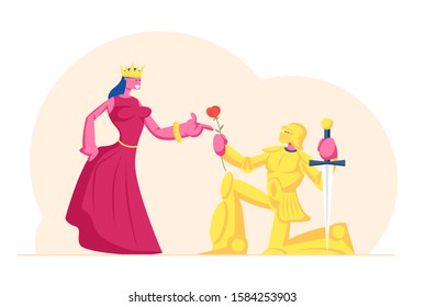 Knight in Gold Sparkling Armor Stand on Knee with Sword Oath Giving to Queen or Princess Wearing Crown. Historical Scene in Castle, Actors Playing Roles in Movie. Cartoon Flat Vector Illustration