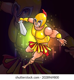 The knight with golden armor esport logo design of illustration