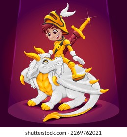 Knight with golden armor riding a white dragon. Cartoon vector illustration
