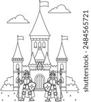 Knight Guarding a Gate of Castle outline coloring page 