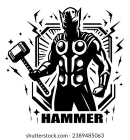 A knight with a hammer, a black silhouette on a transparent background, a vector pattern for a stencil.