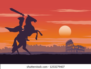 knight have be victorious,ride on horse nearby colosseum,comeback home on sunset time,vintage color,vector illustration