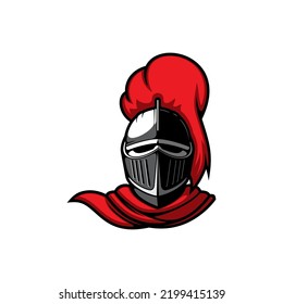 Knight head in helmet vector icon. Heraldic mascot of royal paladin with closed visor and red plumage, ancient soldier. Medieval warrior or guard in armour and cape front view, heraldry cartoon symbol