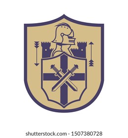 Knight head, silhouette of Swords and Castle, shield design, abstract vector illustration