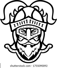 Knight Head Wearing a Helmet with Ostrich Plumage Front Mascot Black and White