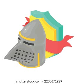 Knight helm icon isometric vector. Medieval knight helmet on shield background. History, retro armor, chivalry