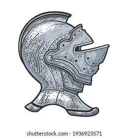 knight helmet color sketch engraving vector illustration. T-shirt apparel print design. Scratch board imitation. Black and white hand drawn image.