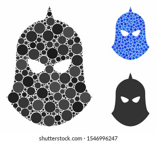 Knight helmet composition of filled circles in variable sizes and color tinges, based on knight helmet icon. Vector filled circles are united into blue illustration.
