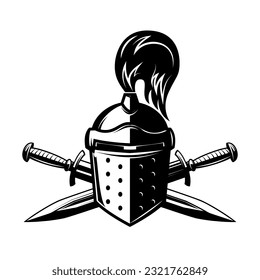 Knight helmet with crossed swords. Warrior helmet with swords. Design element