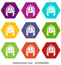 Knight helmet guard icons 9 set coloful isolated on white for web