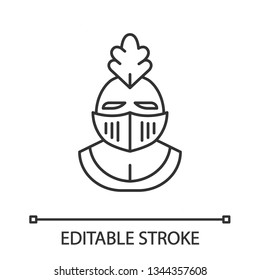 Knight helmet linear icon. Medieval helm. Gladiator helmet. Protective headgear of soldiers. Warrior armor. Thin line illustration. Contour symbol. Vector isolated outline drawing. Editable stroke