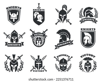 Knight helmet logo. Medieval ancient crusader viking soldier protective head armor with crossed swords shield for label emblem badge. Vector set of helmet warrior medieval, war soldier illustration