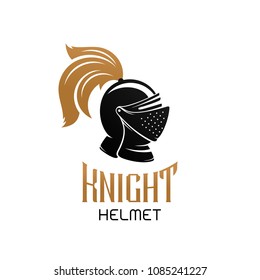 Knight helmet logo template. Vector emblem with text on white background.