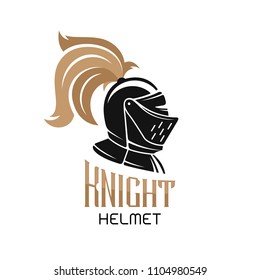 Knight helmet logo template. Vector emblem with text on bright background.