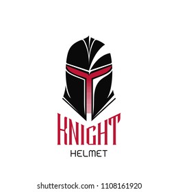 Knight helmet logo template. Vector emblem in two colors with text on white background.