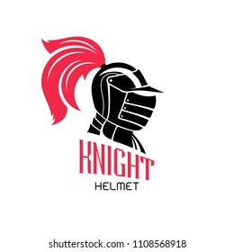 Knight helmet logo template. Vector emblem in black and red colors with text on white background.