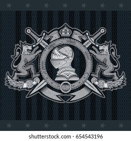 Knight helmet side view in center of round belt with crossed swords between lions. Heraldic vintage label on blackboard