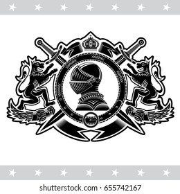 Knight helmet side view in center of round belt with crossed swords between lions. Heraldic vintage label on white