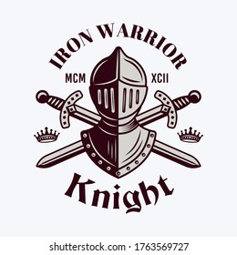 Knight helmet and swords vector royal emblem, badge, label or logo in vintage style