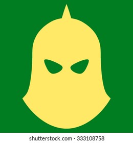 Knight Helmet vector icon. Style is flat symbol, yellow color, rounded angles, green background.