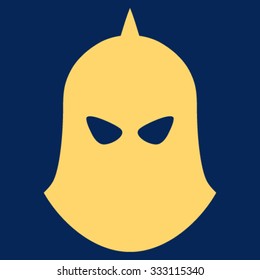 Knight Helmet vector icon. Style is flat symbol, yellow color, rounded angles, blue background.