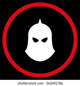 Knight Helmet vector icon. Style is bicolor flat circled symbol, red and white colors, rounded angles, black background.