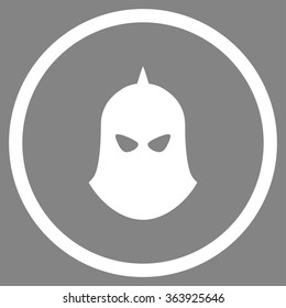 Knight Helmet vector icon. Style is flat circled symbol, white color, rounded angles, gray background.