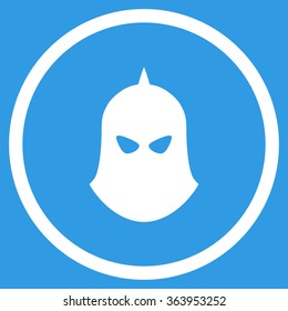 Knight Helmet vector icon. Style is flat circled symbol, white color, rounded angles, blue background.